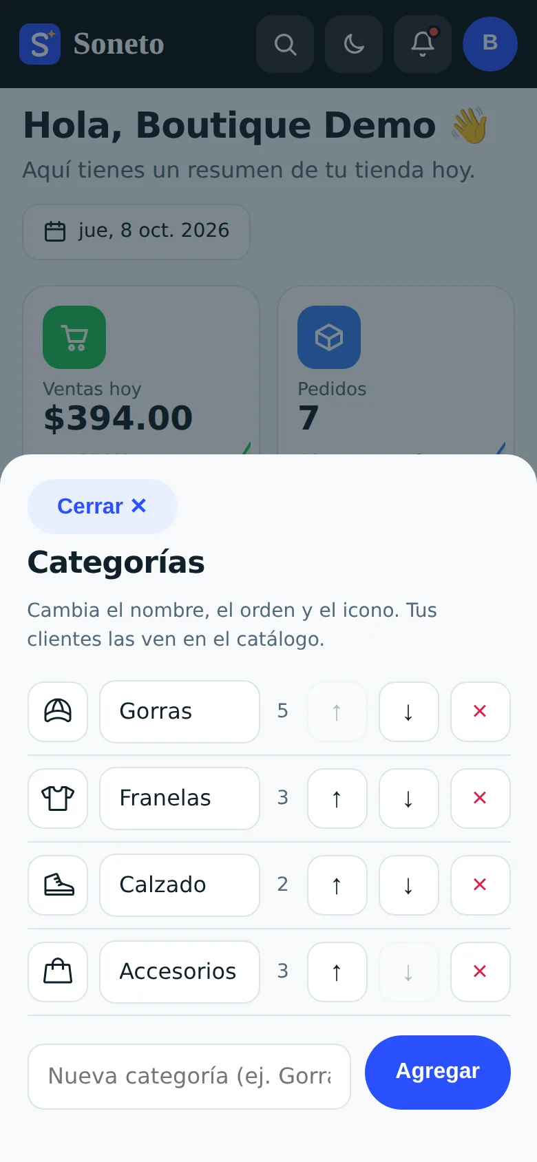 Pantalla de Categorías del panel