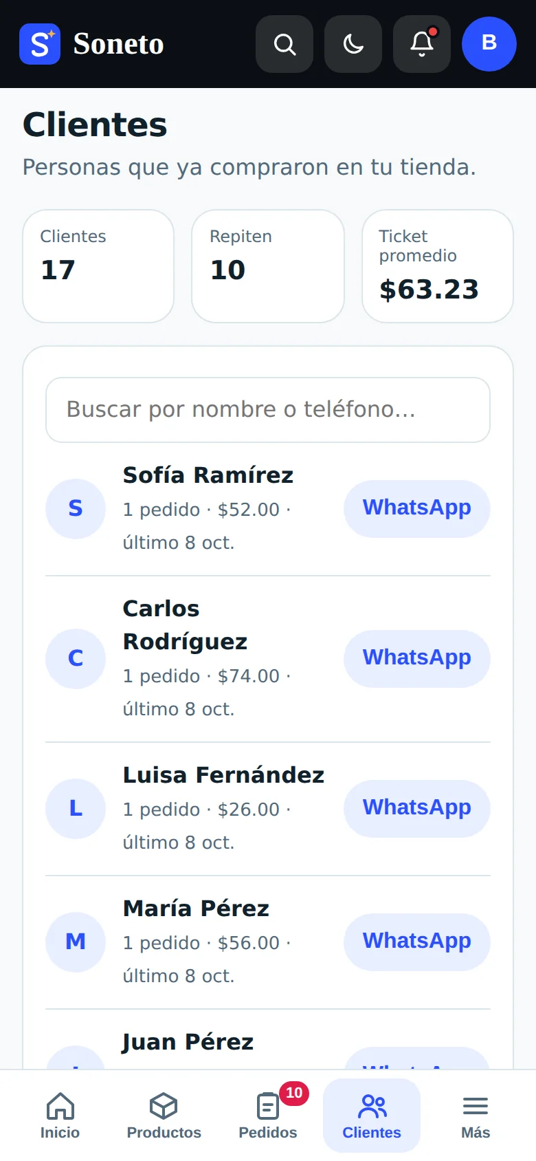 Pantalla de Clientes del panel