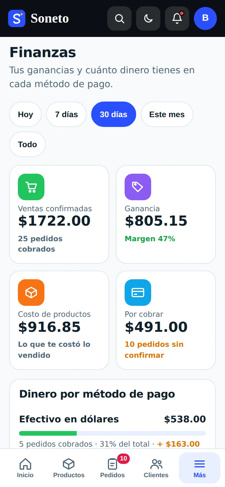 Pantalla de Finanzas del panel