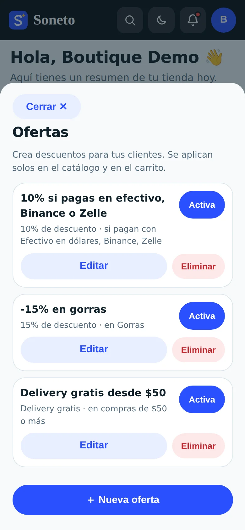 Pantalla de Ofertas del panel
