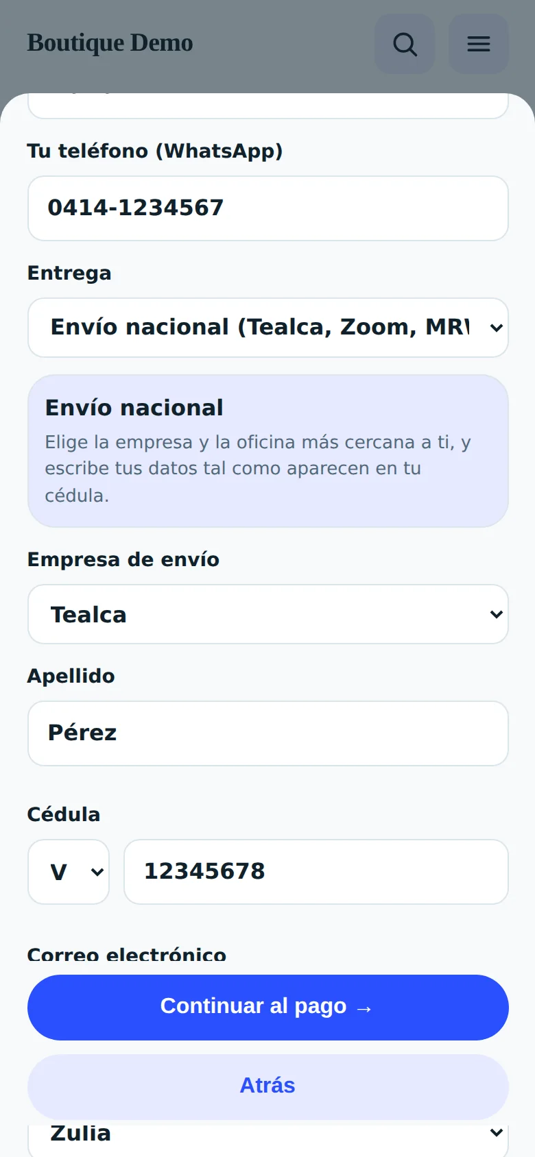 Paso 2: Envío